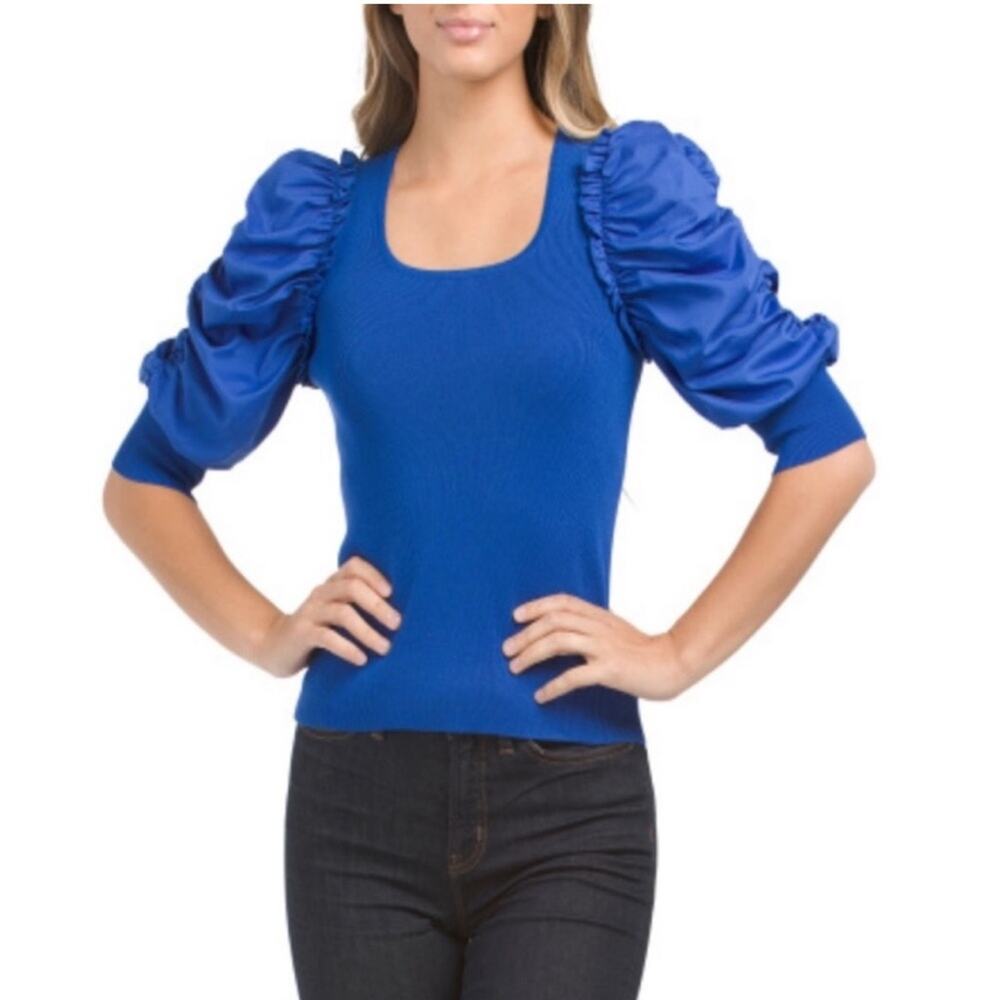 Nanette Lepore NWT Puff Sleeve Top in Royal Blue in a Polyester/ Rayon Blend - Picture 8 of 9